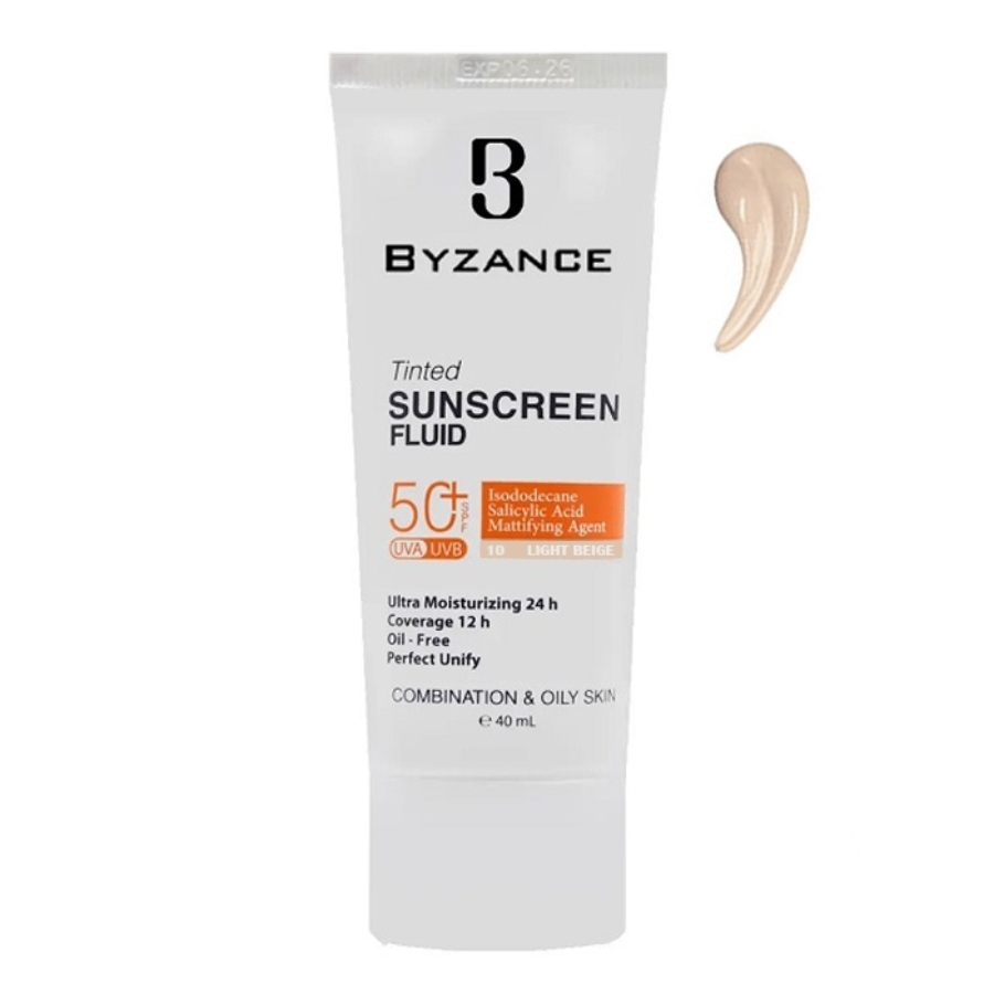 فلوئید ضد آفتاب رنگی بیزانس با SPF50 مناسب پوست های چرب و مختلط