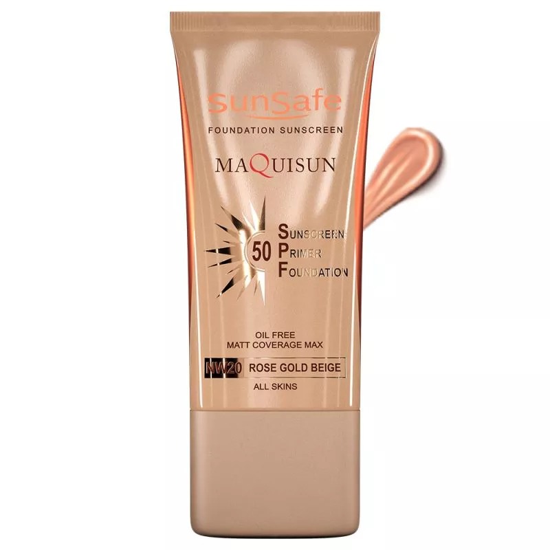 ضد آفتاب کرم پودری و پرایمری مکیسان SPF 50 سان سیف رنگ بژ رز گلد